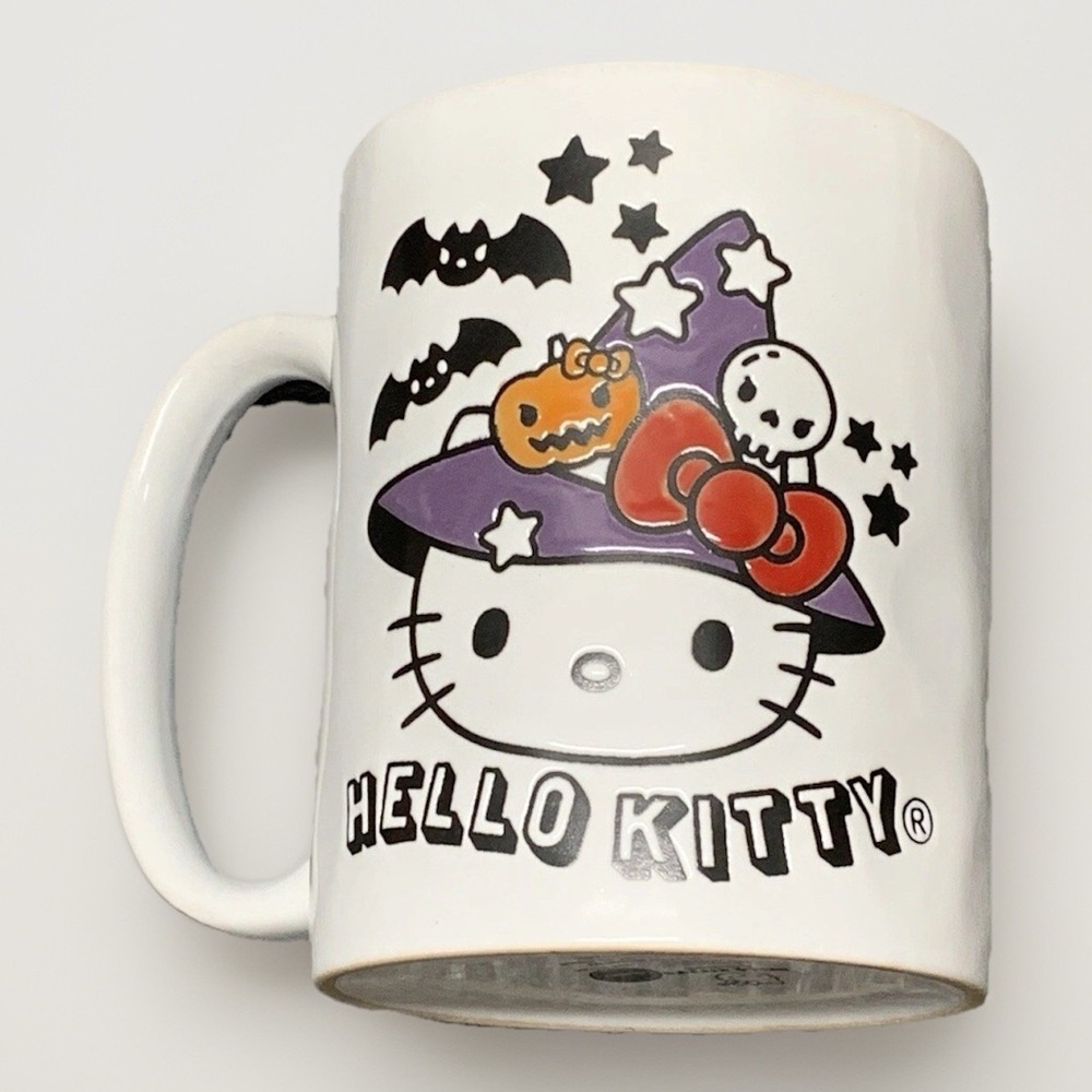 Hello Kitty Halloween Witch Hat Bats White Mug Sanrio 17oz Two Sided Cup‎ New